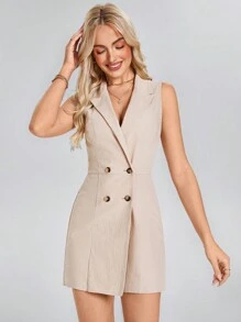 SHEIN LUNE Ladies Button-Up Jumpsuit Dress With Sleeveless Vest - Khaki - View 3