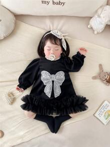 SHEIN 女宝宝春秋杏色长袖公主风奢华天鹅绒蝴蝶结刺绣连衣裙