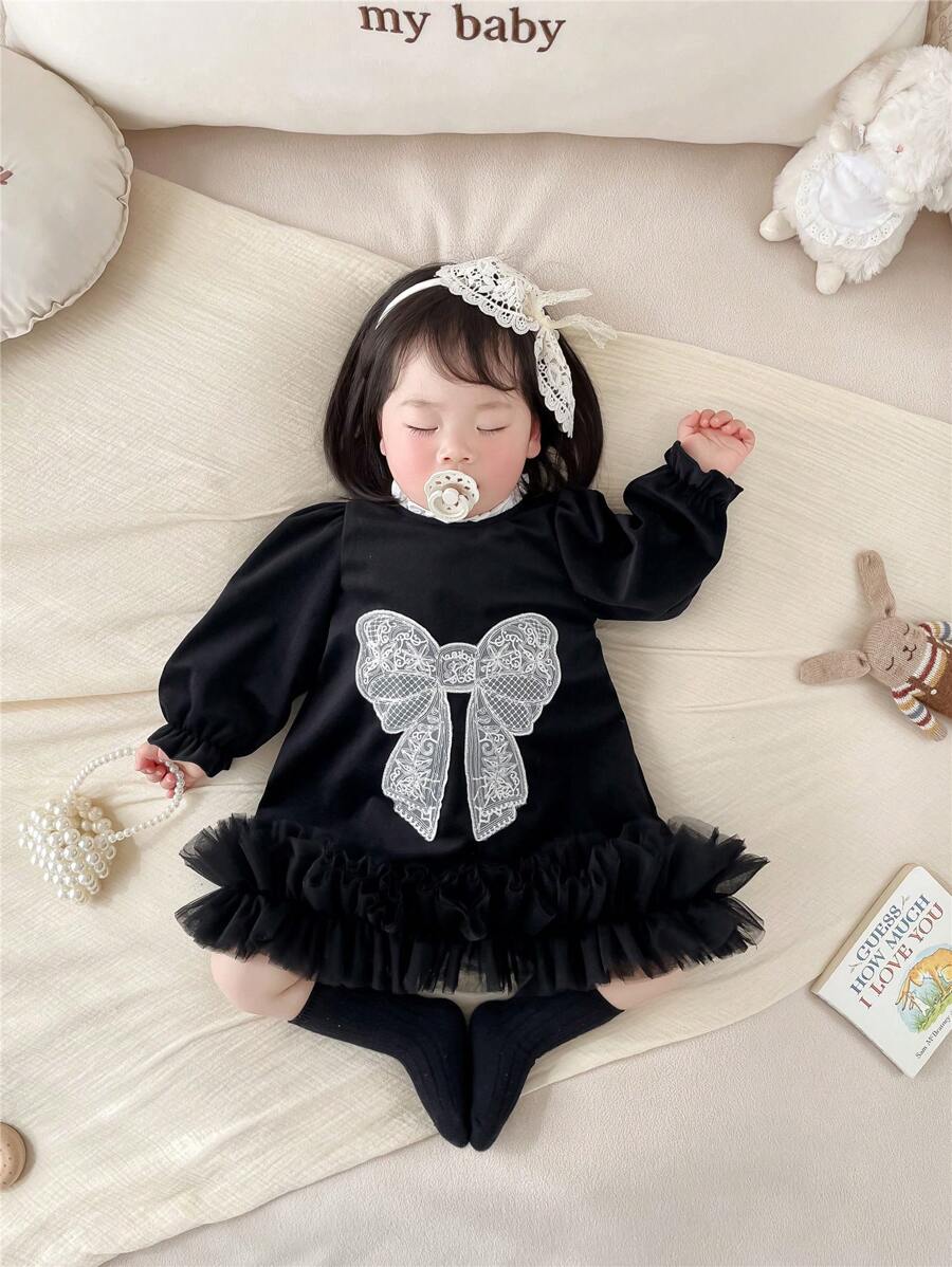 SHEIN 女宝宝春秋杏色长袖公主风奢华天鹅绒蝴蝶结刺绣连衣裙