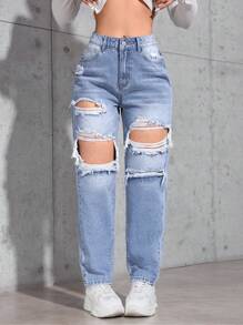 SHEIN PETITE 女士休闲破洞锥形牛仔裤 - 淺色水洗藍 - 查看 1