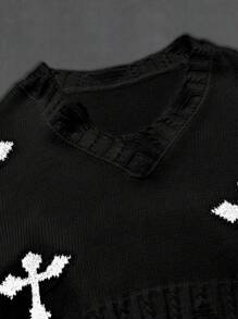 Coolane Kids Tween Girls Spring/Summer Streetwear/Y2K Cross Lightweight V-Neck Long Sleeve Sweater,In Fall/Winter - Black - View 4