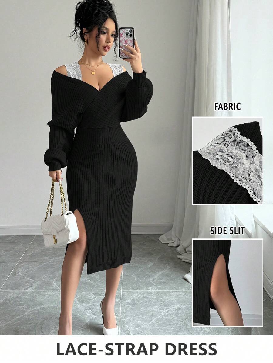 Chiquease 独特设计蕾丝边针织毛衣裙，优雅收腰 A 字中长裙