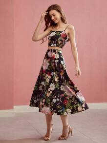 MOTF PREMIUM Conjunto de top de tirantes con estampado floral y falda evasé - Multicolor - Ver 4