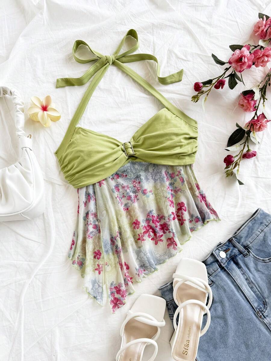 Soleia 女士休闲褶皱不对称下摆蝴蝶结露背上衣，适合夏季/春季 - 彩色 - 查看 1