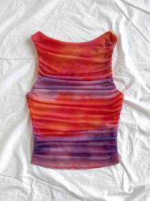 Soleia Women's Summer Vacation Ombre Color Mesh Print Ruched Sides Sleeveless Tank Top - Multicolor - View 7