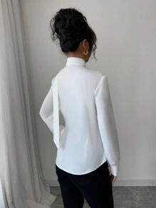 Chiquease 条纹领带领拼布面料优雅女士休闲长袖衬衫 - 白色 - 查看 2