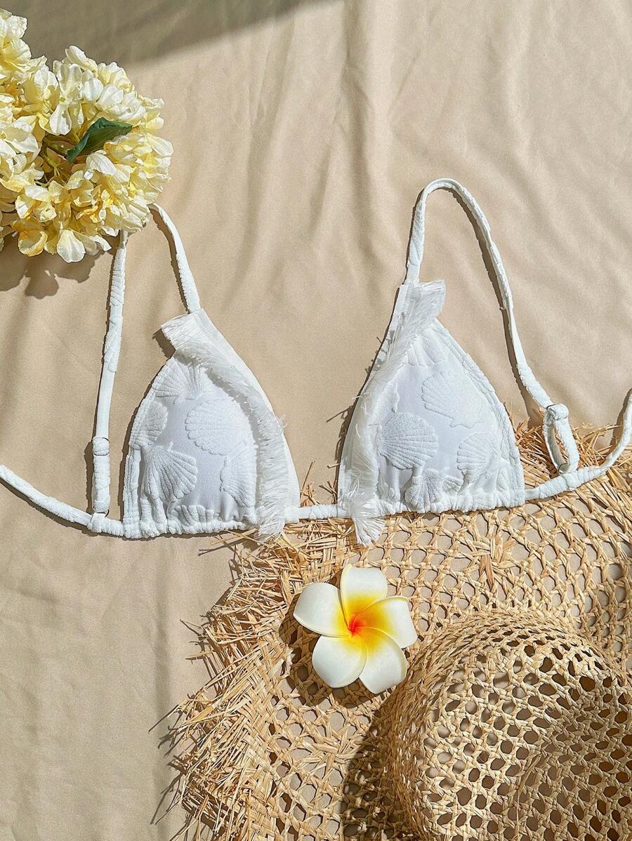 SHEIN Swim Summer 1pc Women Textured Solid Halter Triangle Tassel Top Swimwear Separates - White - View 1