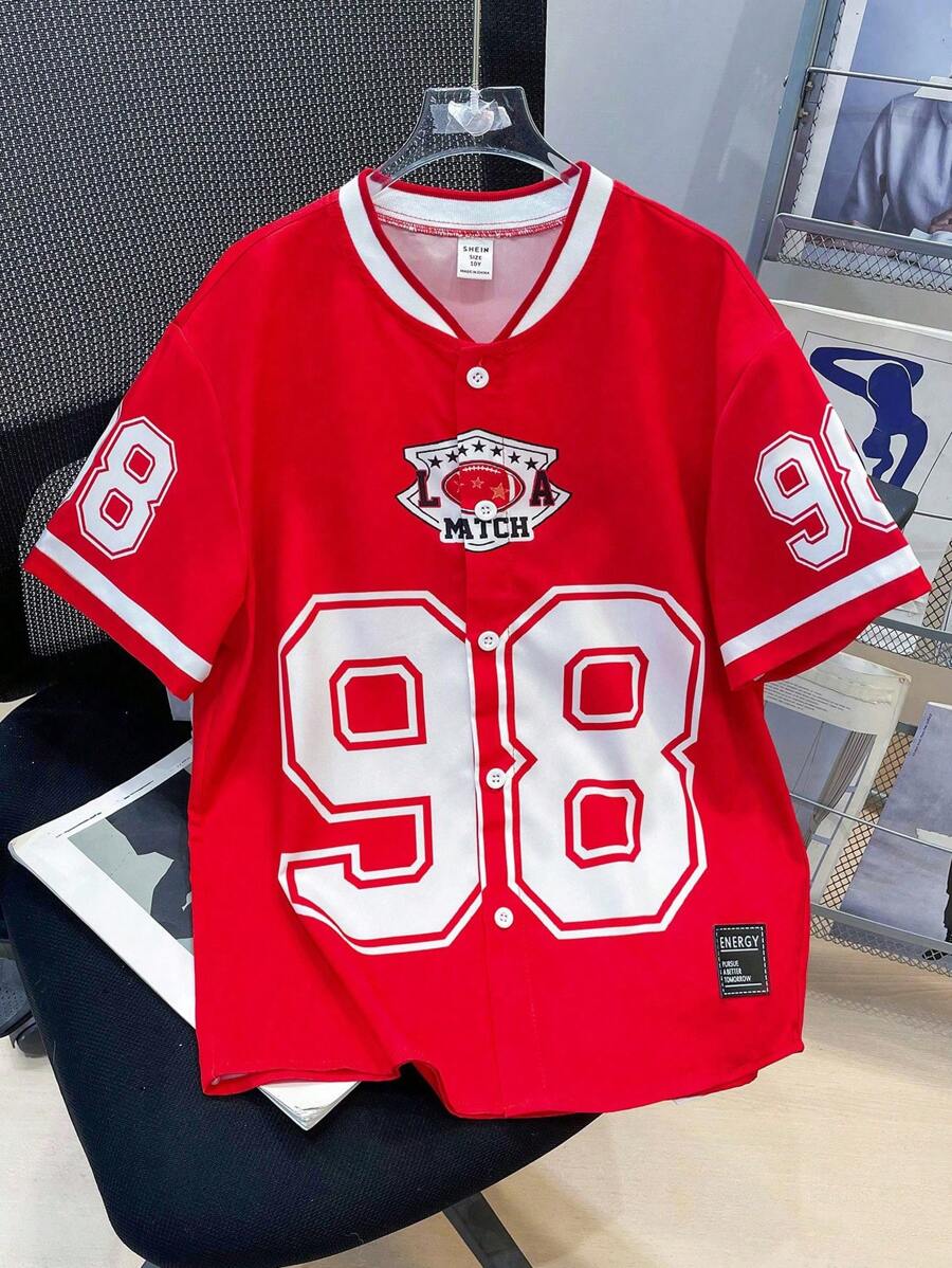 SHEIN Tween Boy 运动休闲拼色字母图案罗纹棒球领短袖衬衫，适合夏季、户外玩耍、学校、街头、派对和休闲 - 紅色 - 查看 1