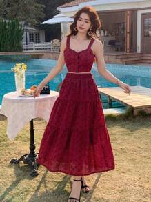 DAZY 女士两件套：镂空刺绣吊带背心和A字裙度假套装 - 紅色 - 查看 8