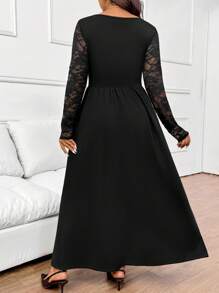 SHEIN Frenchy Plus Size Solid Color Maxi Dresses For Women Modest Dresses Black Dress Sweetheart Collar Lace Patchwork Long Sleeve Casual Dress