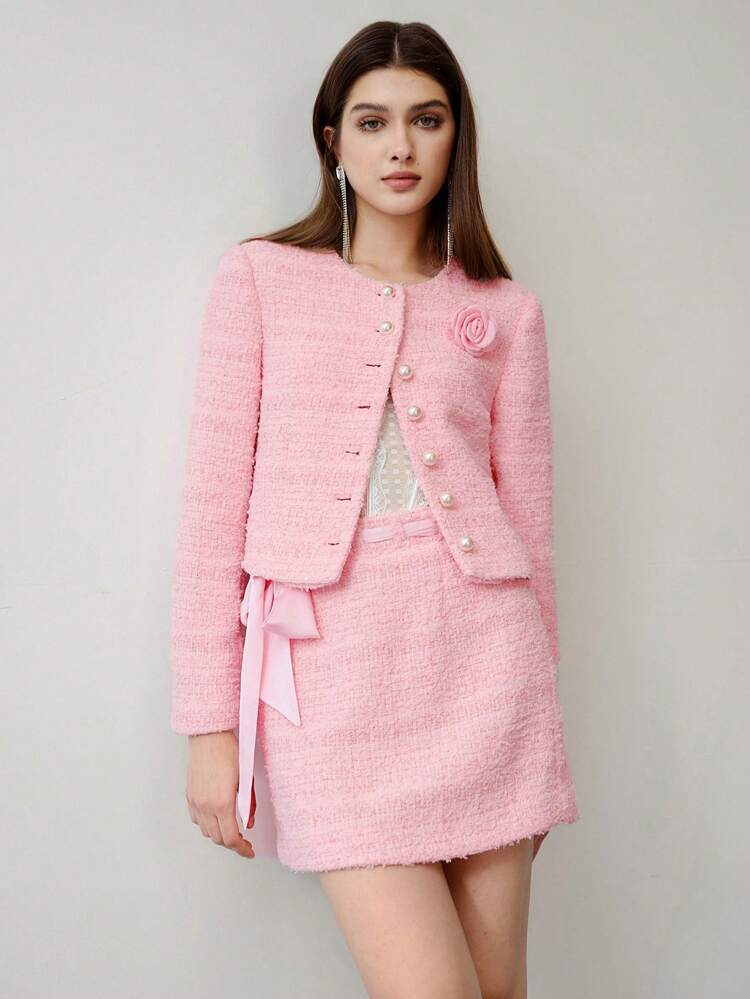 MOTF STUDIO Conjunto de chaqueta y falda de estéreo de tweed con estampado floral, atuendo para el Día de San Valentín