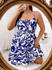 Elenzga 大码夏季印花连衣裙，修身细肩带蓝色连衣裙女士细肩带连衣裙，A 字型吊带短裙休闲假日热带雨林印花连衣裙海岛度假沙滩裙新款夏季花卉印花 A 字型细肩带连衣裙腰部收紧高腰连衣裙性感露背细肩带连衣裙，海滩度假氛围 A 字型系带无袖连衣裙 - 藏蓝色 - 查看 4