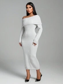 Zolique Winter Women's Clothing Light Gray Diagonal Collar Sweater Dress Long Sleeved Medium Long Casual Sweater Dress Fall Cloth For Women - Light Grey - View 1