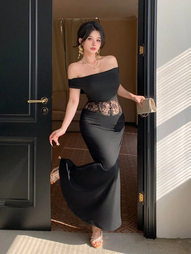 Women's Elegant Sexy Off Shoulder Lace Patchwork Mermaid Dress Sundress, Formal Women Dress