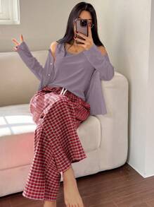 DAZY Zestaw 3 szt.: miękki dzianinowy kardigan, kamizelka i luźne spodnie w kratę, strój domowy