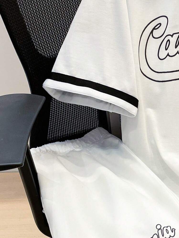 SHEIN Teen Boys Casual Loose Comfortable Versatile Printed Pattern Contrast Color Webbing Decor Short Sleeve Top And Shorts Set - White - View 6