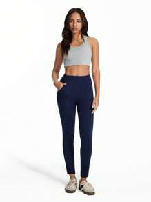 SHEIN Unity Minimalist Contrast Trim Low Waist Leggings Fall Cloth For Women - Navy Blue - View 3