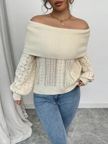 Chiquease 女士休闲露肩灯笼袖扭绳镂空宽松针织毛衣，春秋季针织套头衫秋冬毛衣 - 杏色 - 查看 1