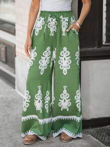 SHEIN LUNE 女式花卉印花松紧腰带双口袋阔腿裤 - 綠色 - 查看 1