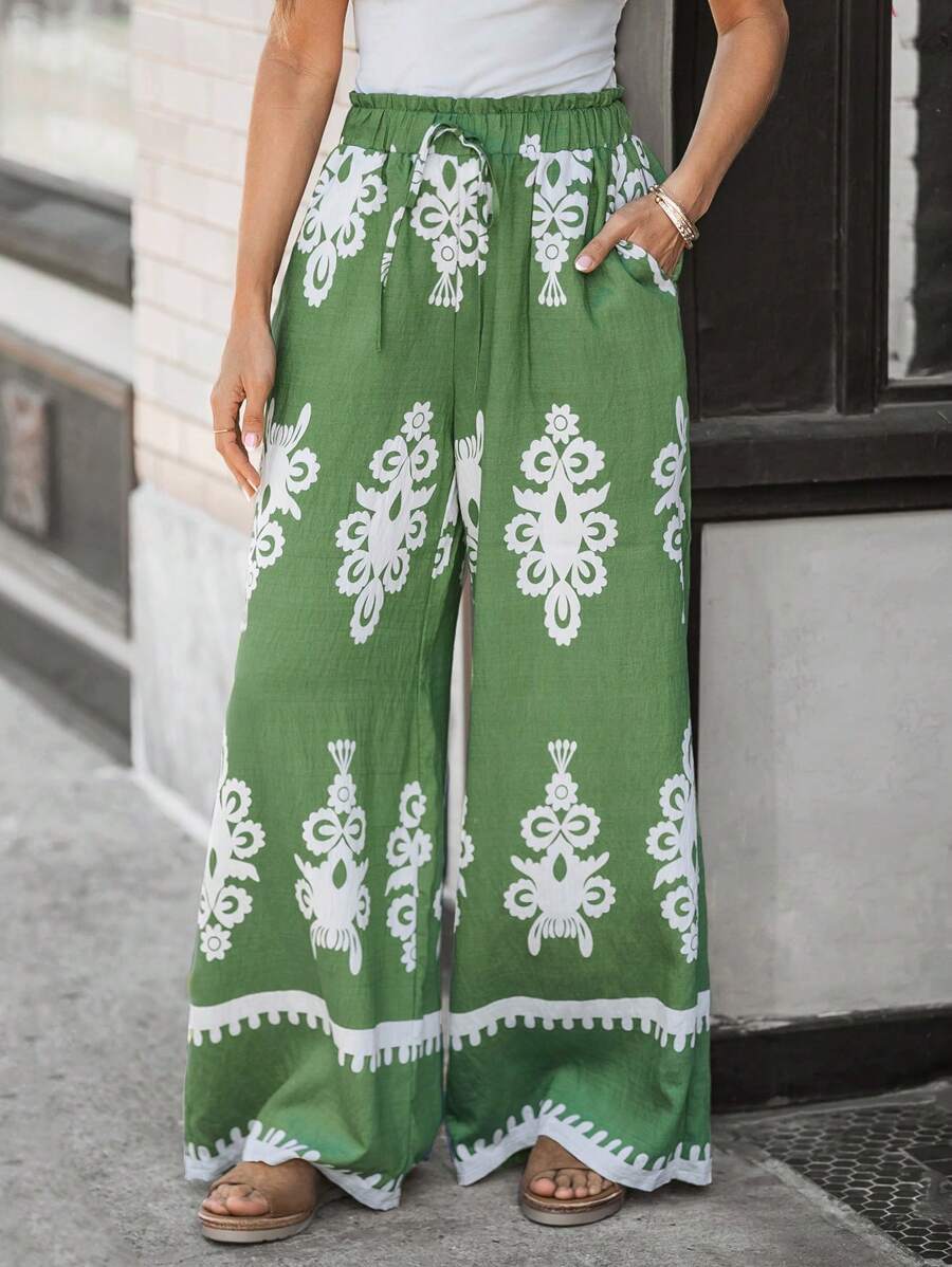 SHEIN LUNE 女式花卉印花松紧腰带双口袋阔腿裤 - 綠色 - 查看 1