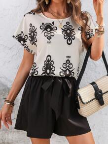 EMERY ROSE 2pcs Women Vacation Casual Contrast Color Print Short Sleeve & Shorts Set