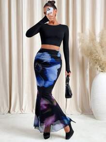 SHEIN Clasi Women's Elegant Large Floral Pleated Mermaid Skirt,Valentines Clothes, Summer Outfits For Women,Spring Outfits For Women, Coquette ,Festival