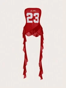 Coolane 青少年女孩 Y2K 图案撞色蕾丝运动抹胸荷叶边迷你裙 - 紅色 - 查看 2