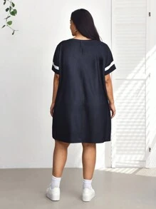 SHEIN CURVE+ 加大码/情人节/夏季大码字母印花短袖连衣裙/情人节 - 藏蓝色 - 查看 2
