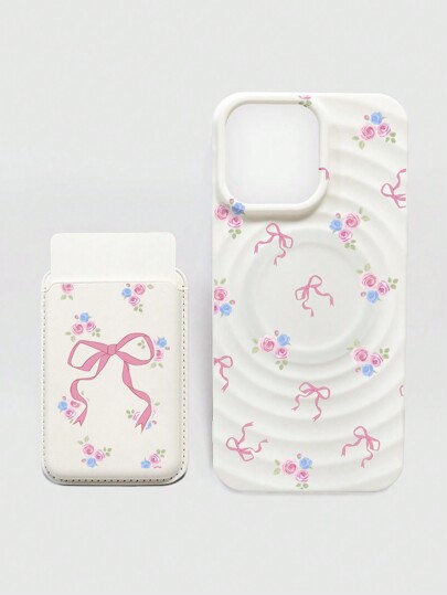 Kawaii 2 pezzi/set Custodia per telefono antiurto, a prova di caduta, compatibile con ricarica senza fili MagSafe, con porta carte e motivo a fiori con fiocco, compatibile con