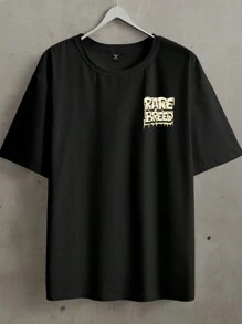 Manfinity Homme 大码男士字母印花圆领短袖休闲 T 恤 - 黑色 - 查看 2