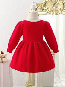 SHEIN Baby Girl Sweet Retro Bow Knit Dress, Casual Commute Korean Style Girl's Stylish Princess Sweater Dress, Suitable For Daily Wear, Traveling, Autumn/Winter - Red - View 2