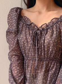 DAZY Women's Ditsy Floral Ruffle Hem Fashionable Short Long Sleeve Blouse Vacation Outfits Women - Black - View 6