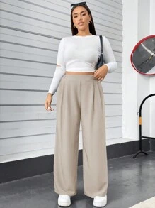 SHEIN Essnce Plus Size Women's Summer And Spring Casual Comfortable Loose Elastic Waist Light Apricot Color Basic Wide-Leg Pants,Springl Women Clothes,Homecoming,Old Money,Going Out Bottoms,Curv Pants,Women Outfits,Minimalist Clothes