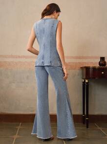 Anewsta 2pcs Set - Fashionable And Commuter Style Button Cuff Flared Pants For Women, Valentine's Day, Summer, New Year, Going Out & Date Night - Light Wash - View 6