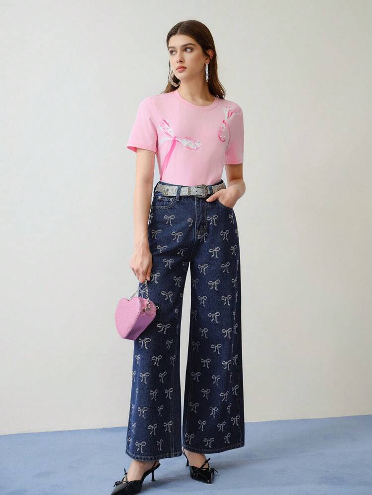 MOTF STUDIO BOW PRINT FAUX PEARL DECOR T-SHIRT,VALENTINE'S DAY,SPRING/SUMMER