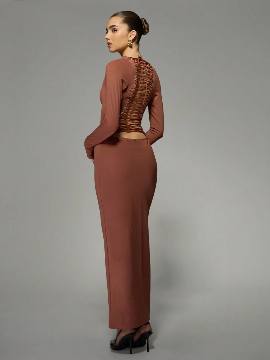 MISSGUIDED Halloween Luxury Lace-Up Back Maxi Evening Dress Bodycon Long Sleeve Floor Length Formal Gown Party Wedding Guest Elegant Design