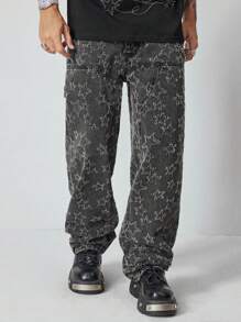 ROMWE MEN Street Life Jeans casuales con pierna recta y bolsillos con estampado de estrellas para hombres