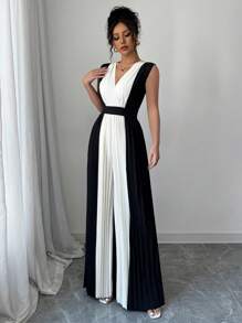 Elenzga Mono de pierna ancha con cintura ceñida y cuello en V fruncido para mujer, conjunto casual y elegante para viajes y la oficina