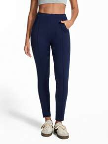SHEIN Unity Minimalist Contrast Trim Low Waist Leggings Fall Cloth For Women - Navy Blue - View 4