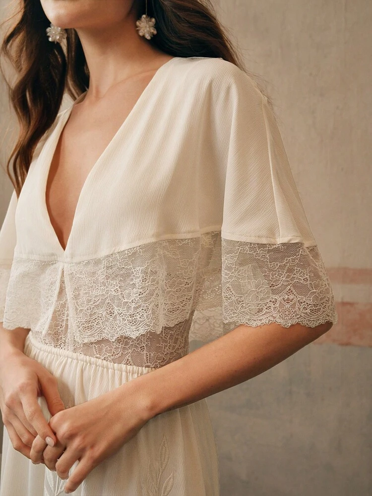 Women Ruffled V-Neck Sleeveless Fitted Lace Hem Embroidered Splicing Long Casual Vacation Chiffon Dress