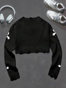Coolane Kids Tween Girls Spring/Summer Streetwear/Y2K Cross Lightweight V-Neck Long Sleeve Sweater,In Fall/Winter - Black - View 2