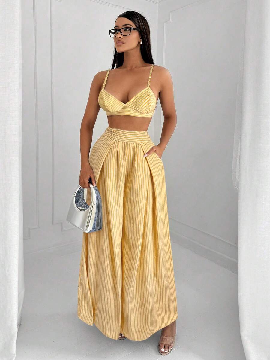 SHEIN SXY 2 件套极简性感条纹吊带背心和裤子通勤装