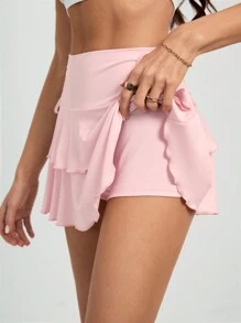 SHEIN Tall Drawstring Waistband Cake Skirt Simple Fashionable Daily Casual - Baby Pink - View 5