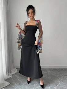 Rafferiza Elegantes französisches retroartiges Kleid für Damen mit Quadratausschnitt und A-Linie Taille, schlank geschnittenes Patchwork-Kleid mit bestickter Mesh-Verzierung