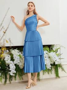 MOTF PREMIUM 单肩褶饰连衣裙 - 藍色 - 查看 5