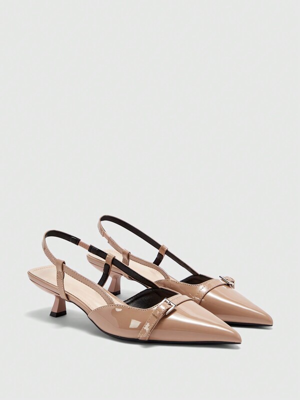 CUCCOO BIZCHIC Pointed Toe Kitten Heel Low Heel Apricot Comfortable Slip-On Pumps, Versatile Everyday Office Flats With Ankle Strap
