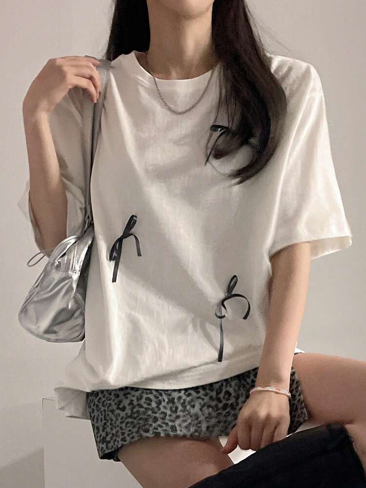Women Crew Neck Loose Fit Bowknot T-Shirt