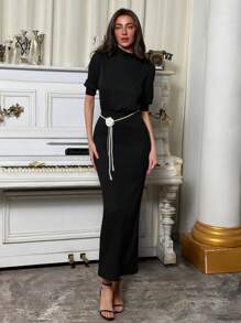 Aloruh 简约办公室通勤装小立领无袖紧身上衣搭配宽松下装长款修身连衣裙女 - 黑色 - 查看 6