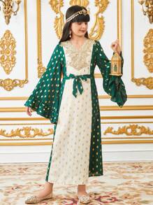 SHEIN Tween Girls Loose Casual Glittering Polka Dot Patchwork Ruffle Hem Color Blocked Dress - Green - View 3