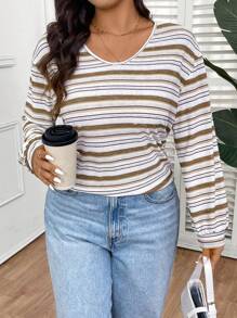 SHEIN Frenchy Áo thun cổ chữ V in sọc đơn giản cỡ lớn, mặc hàng ngày - Màu be - Xem 5